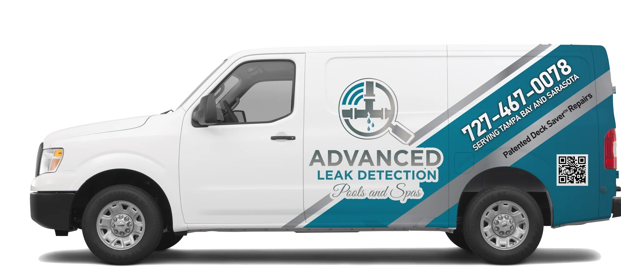 Advanced Leak Detection wrapped service van serving Tampa Bay and Sarasota with (727) 467-0078 and Patented Deck Saver Repairs livery