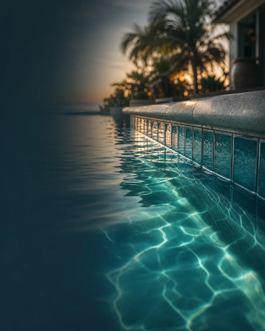 Florida pool waterline at dusk — watching the water level is the first step in spotting a leak