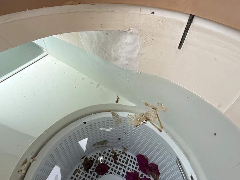 Cracked pool skimmer causing water loss, before Deck Saver repair by Advanced Leak Detection