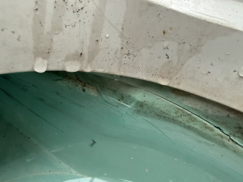 Pool skimmer throat crack before Deck Saver permanent repair, Advanced Leak Detection Tampa Bay