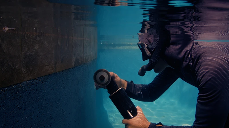 Pool wall crack after Keyed Gasket-Way repair — flexible seal holds through ground movement, Advanced Leak Detection