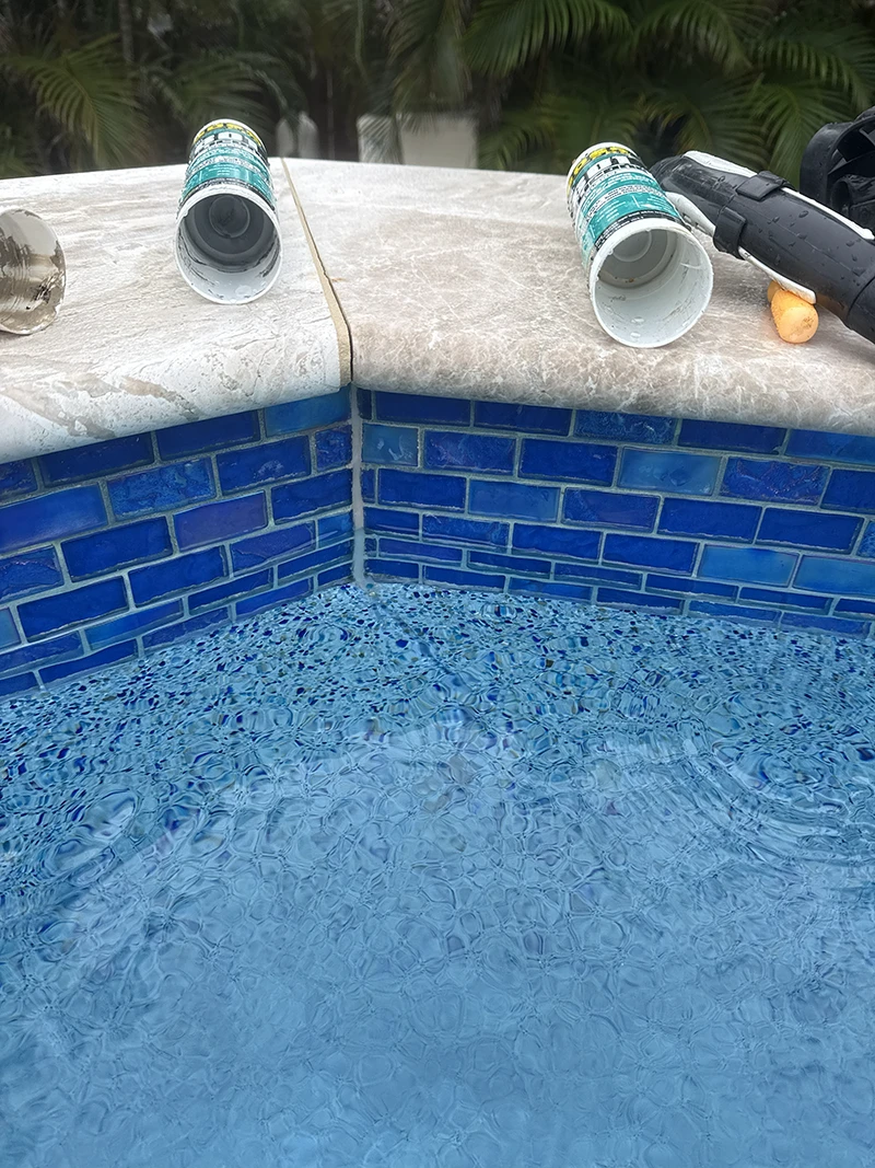 Pool structural crack permanently repaired with Keyed Gasket-Way flexible gasket system by Advanced Leak Detection
