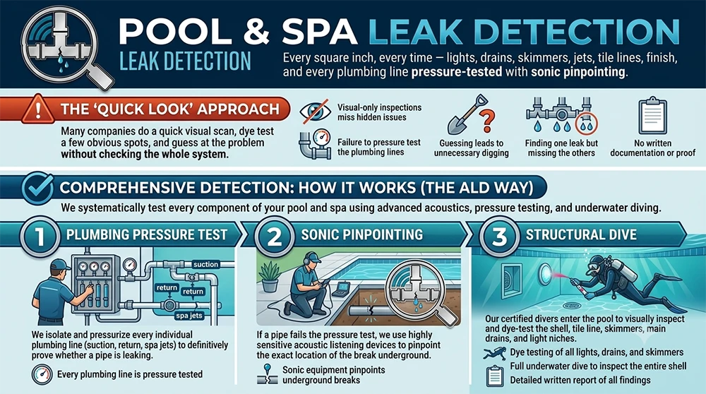 Pool and spa leak detection process infographic — Advanced Leak Detection, Tampa Bay and Sarasota