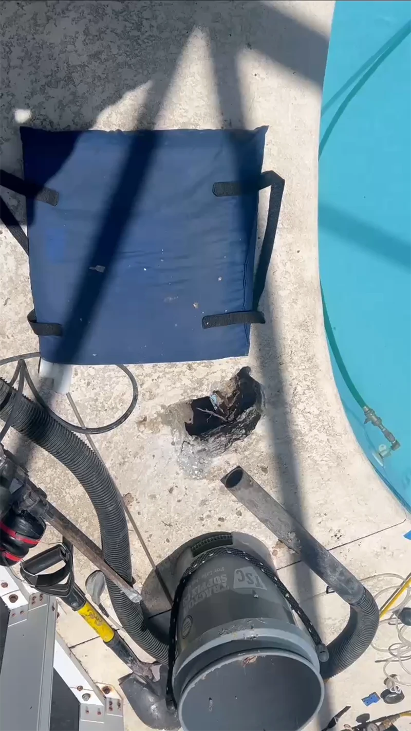 Fiberglass pool before arthroscopic pipe repair by Advanced Leak Detection