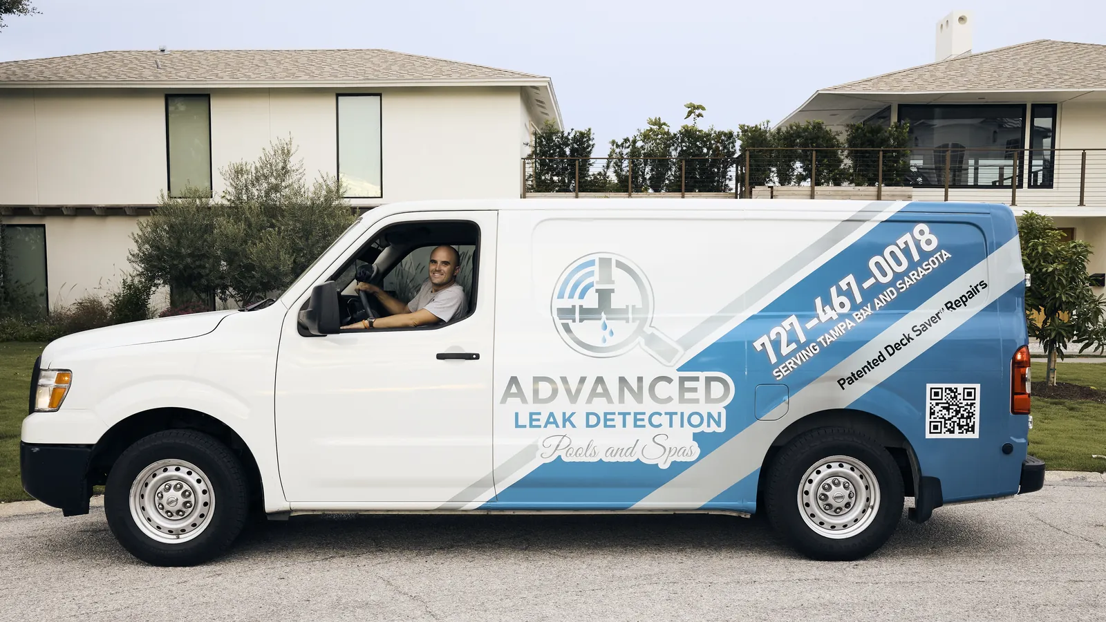 Advanced Leak Detection branded service van with Troy at a Florida pool home.